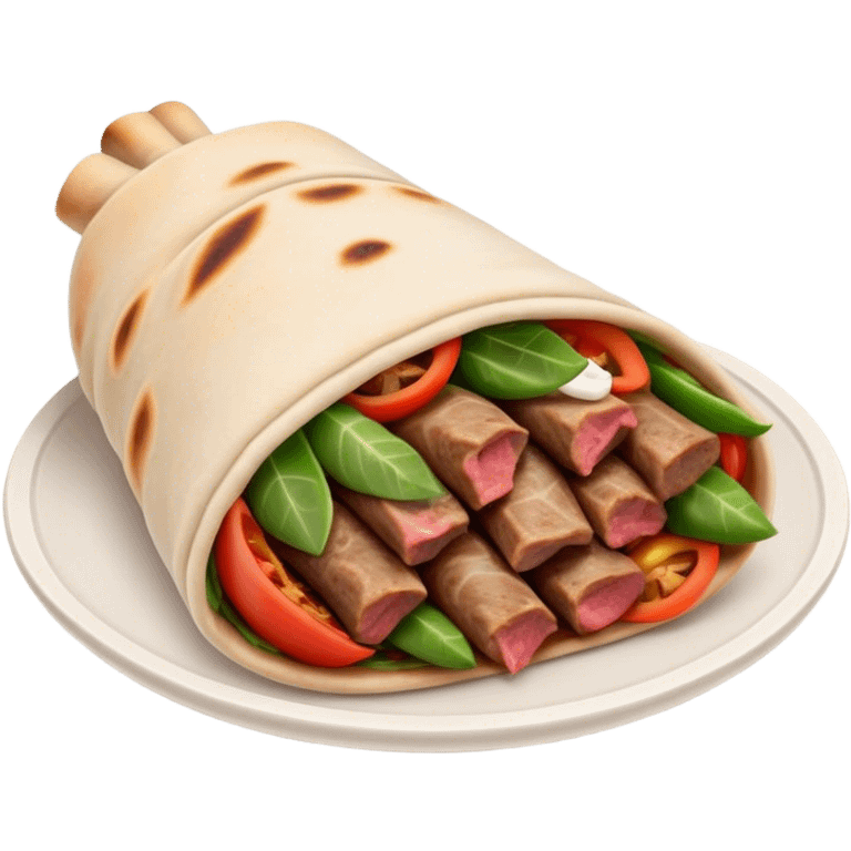 Cinematic Realistic Gyros Dish Emoji, showcasing succulent, spiced meat wrapped in pita with fresh vegetables rendered with lifelike detail and dynamic, appetizing lighting. emoji