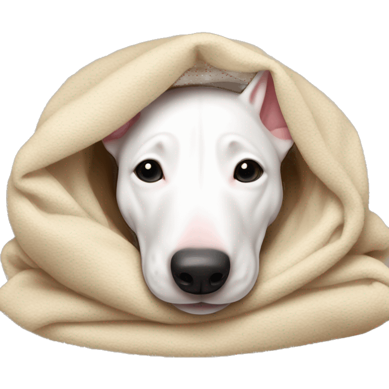 Bull terrier lying down cozy in blanket  emoji