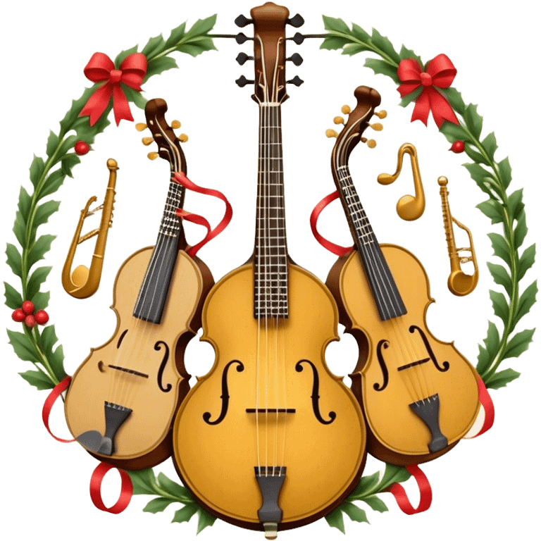 Design a complex and festive emblem-like emoji representing plucked string instruments, such as a banjo, mandolin, domra, sitar, and similar instruments. The composition should resemble a heraldic crest, with the instruments arranged symmetrically and gracefully, their necks intertwining with a flowing ribbon of musical notes. The ribbon should weave through the strings and headstocks, symbolizing the harmonious connection between the instruments. Use detailed engraving on the instrument bodies and fretboards to emphasize their craftsmanship. Incorporate rich, celebratory colors like gold, mahogany brown, deep green, and vibrant accents. Add subtle shading and light reflections to create a three-dimensional, polished look. Include ornate elements like swirls, laurel leaves, and decorative flourishes to enhance the festive and professional appearance. The background should be transparent to highlight the emblem as a standalone piece. emoji