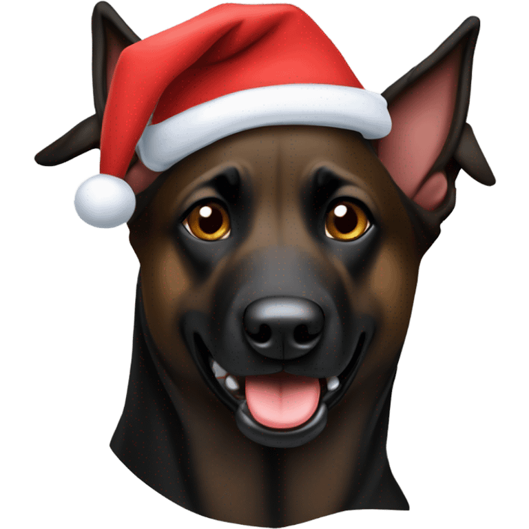 Black and brown Belgian malinois with Santa hat emoji