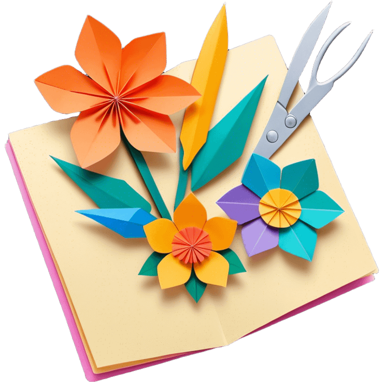 Paper crafting icon, various paper crafts like origami, paper flowers, and scrapbooking materials, visible tools such as scissors, glue stick, and paper sheets, colorful paper patterns, minimalistic style, clean lines, transparent background. emoji