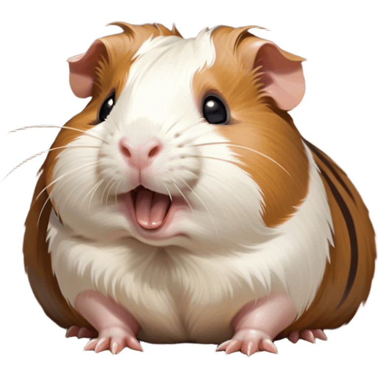 Cinematic Cute Yawning Brown and White Banded Guinea Pig Portrait Emoji, Head tilted slightly with a dramatic, wide-open yawn, revealing a soft, banded coat of brown and white with tiny, droopy ears, round dark eyes barely open in drowsy contentment, Simplified yet irresistibly adorable features, highly detailed, glowing with a soft, cozy glow, high shine, relaxed yet expressive, stylized with a touch of whimsy, bright and endearing, soft glowing outline, capturing the essence of a sleepy yet affectionate guinea pig, so drowsy it feels like it could stretch out of the screen and curl up for a nap! emoji