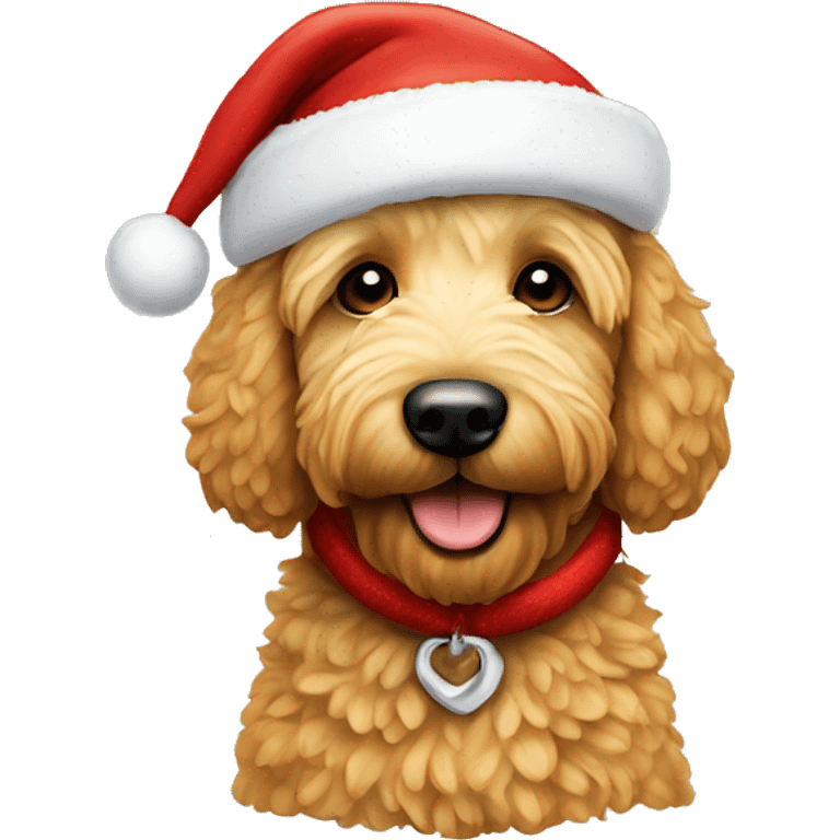 Mini Golden doodle with a Santa hat emoji