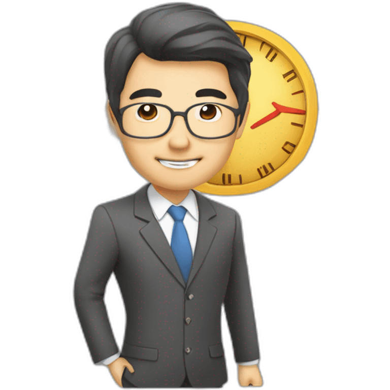 Middle-aged Asian male investment manager，background with Stock market trend chart emoji