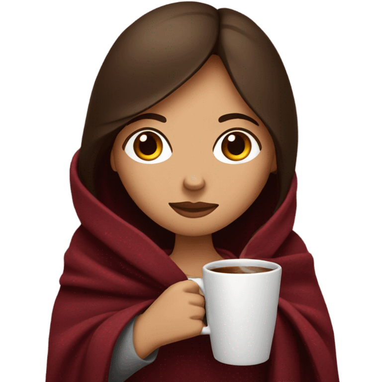 Brunette girl inside a maroon blanket sipping coffee eyes closed emoji