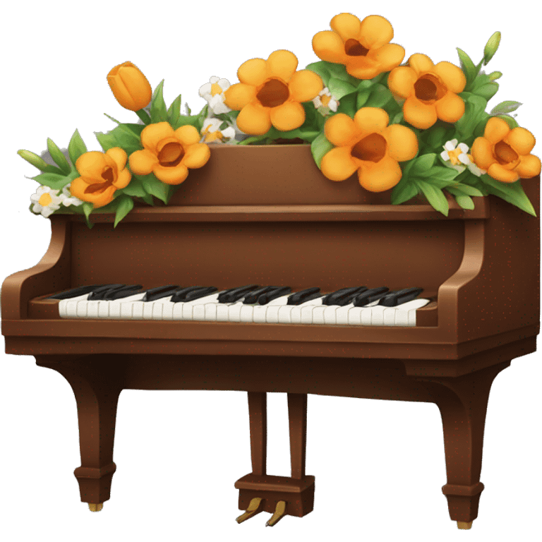 a brown piano with flowers on it on fire emoji