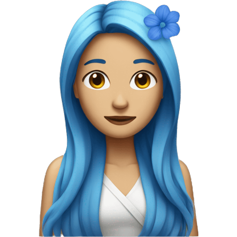 Long haired woman with a blue flower on hair emoji