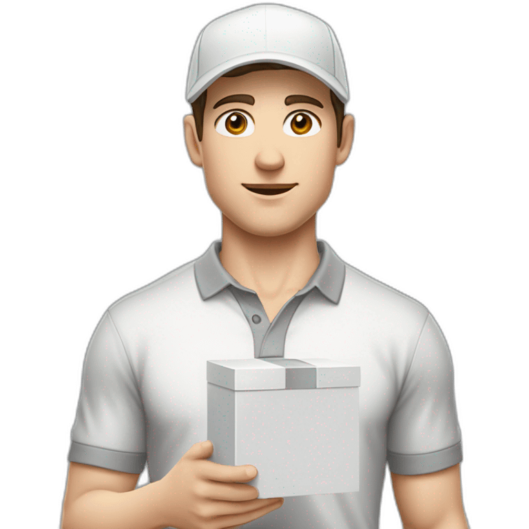 Pale skinned fit Man with dark brown hair in a white cap, gray jeans and gray polo T-shirt keeping a pasted with tape white box into his hands emoji