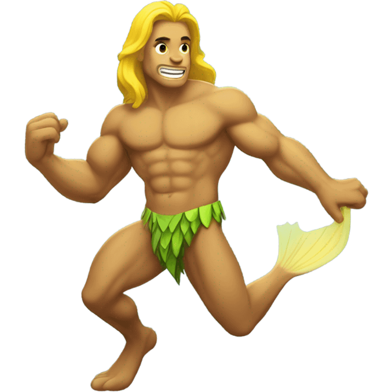 Tan muscular merman with yellow tail and dark hair emoji