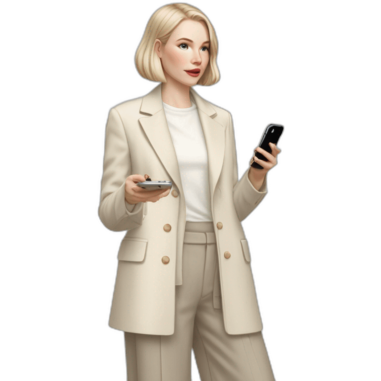 pale skin woman with ash blonde Straightened bob Hair, White Spacious classical jacket, beige palazzo Arrow pants and gray blouse holding white IPhone 15 pro in the hands emoji