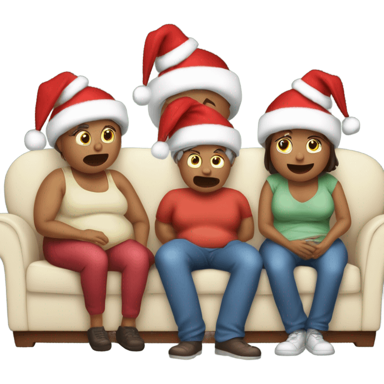 Family sitting on couch wearing Christmas hats and one person burping sleeping with fat belly’s after eating too much turkey emoji