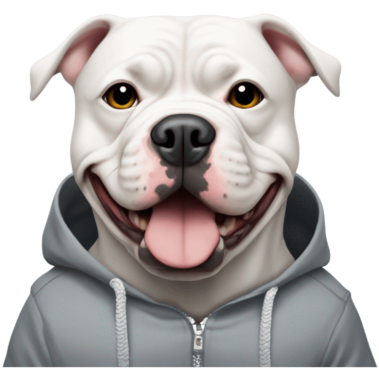 White American bully dog with grey patch over left eye wearing a hoodie  emoji