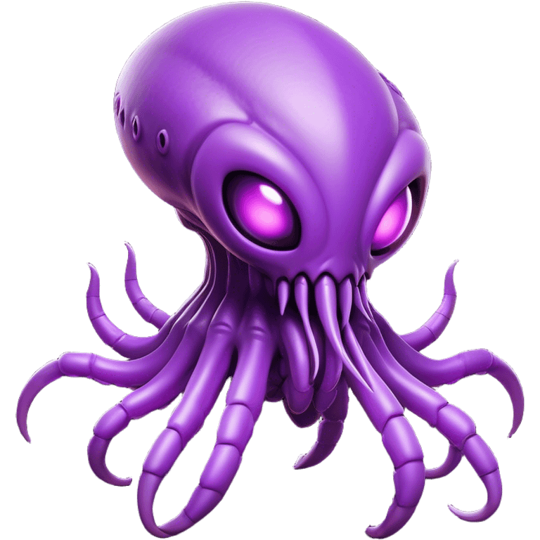 Clash of Clans aesthetic: Cinematic fierce Zerg Alien Emoji, rendered in a 3D vector-style similar to standard emojis with minimal shading and bold, simplified shapes. A compact, isometric, otherworldly creature with insectoid, organic details and subtle, eerie tentacles, softly glowing with a sinister alien charm. Simplified yet unmistakably iconic, highly detailed and consistent, glowing with a soft, spectral radiance and high shine. Stylized with a touch of bio-engineered mischief and a soft glowing outline, capturing the essence of a fearsome extraterrestrial menace with a playful twist! emoji