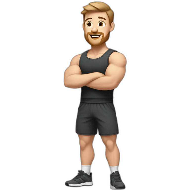 Full height Actively gesturing with hands Pale skinned Fit Man With the biceps and brown hair in dark gray Sleeveless Mike, black oversize sports shorts, watch and white Sneakers emoji