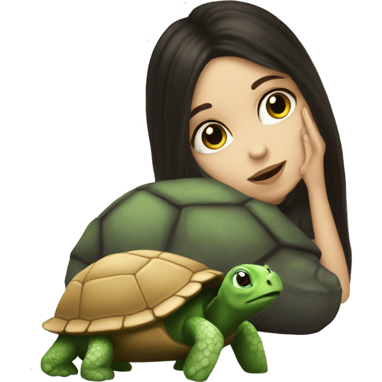 A white girl with dark hair kisses a little turtle emoji