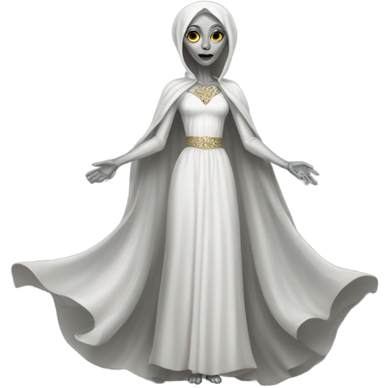 a gray alien woman, full body, in white Romanov dress emoji