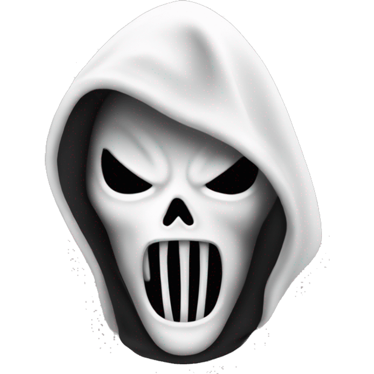 “Apple emoji of Ghostface: white mask with a screaming expression, dark eyes, and a black hooded cloak.” emoji