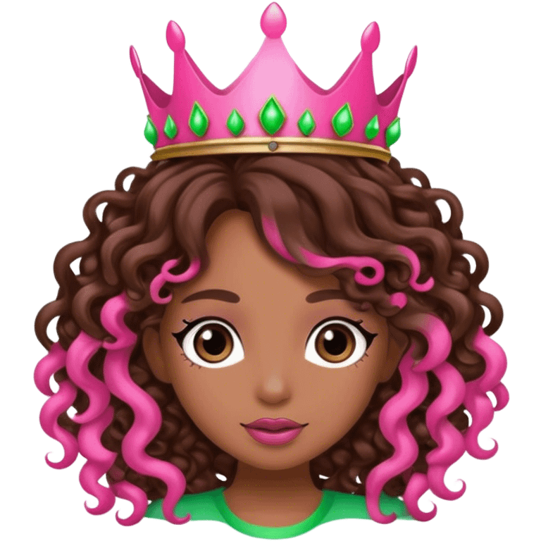 Brown girl diva long curly brown hair with pink and green crown emoji