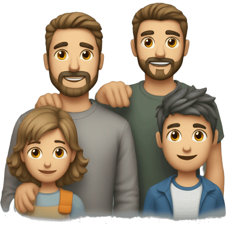 Familia de dos hombres uno rubio y otro moreno con barba un gato gris emoji