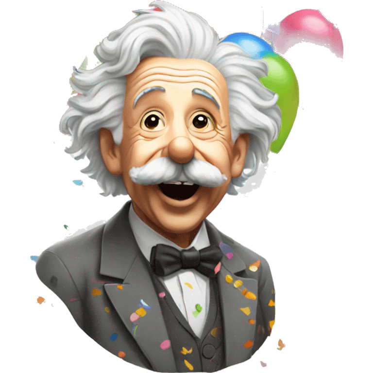 happy albert einstein with lots of colourful confetti and party balloons emoji