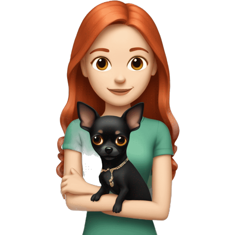 White girl with red hair holding black chihuahua  emoji