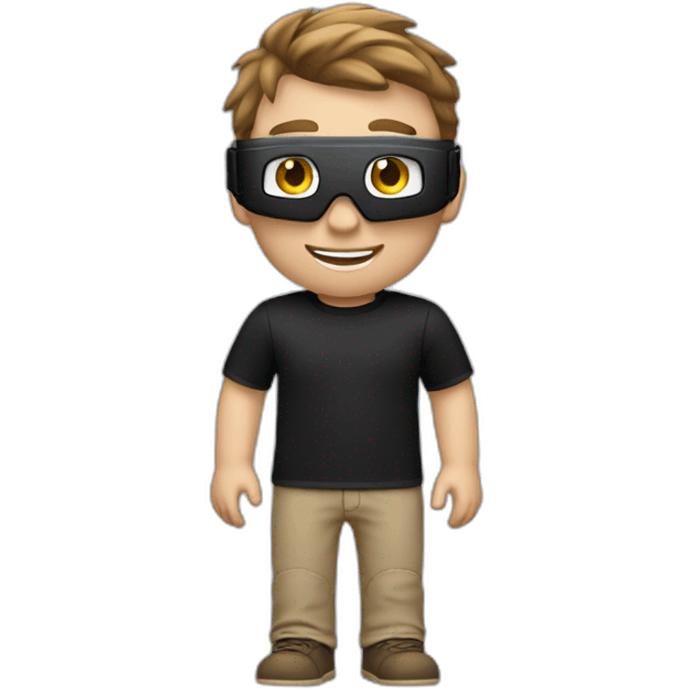 Generate an emoji of a young guy wearing apple vision pro virtual reality glasses with a charismatic smile. The young has pale skin with brown hair and wears a black t-shirt. emoji