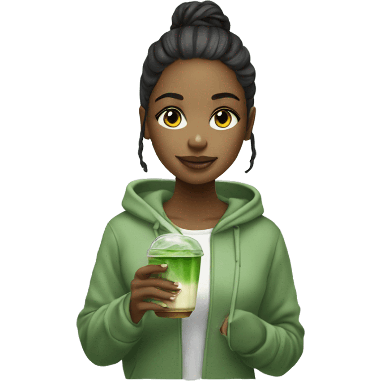 Beautiful girl wearing hoodie ,holding glass cup of iced matcha  emoji