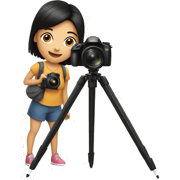 camera with tripod and a black hair girl in front emoji