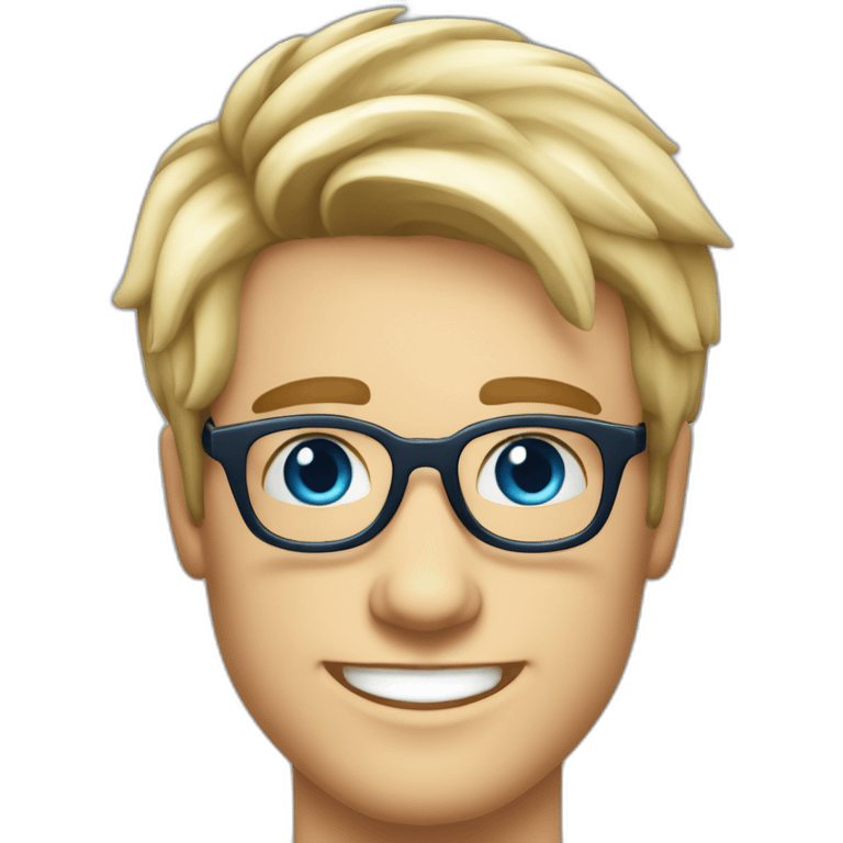 Handsome young man 25 years old blue eyes short blond hair nice round glasses cool beard Light moustache funny big smile dimple on the side emoji