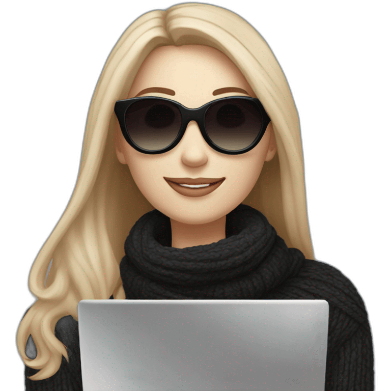 smiling woman with pale skin middle brown long straight hair with a laptop and a coffee mug wearing a black woolly shirt and a black woolly scarf wearing heart shaped black sunglasses emoji