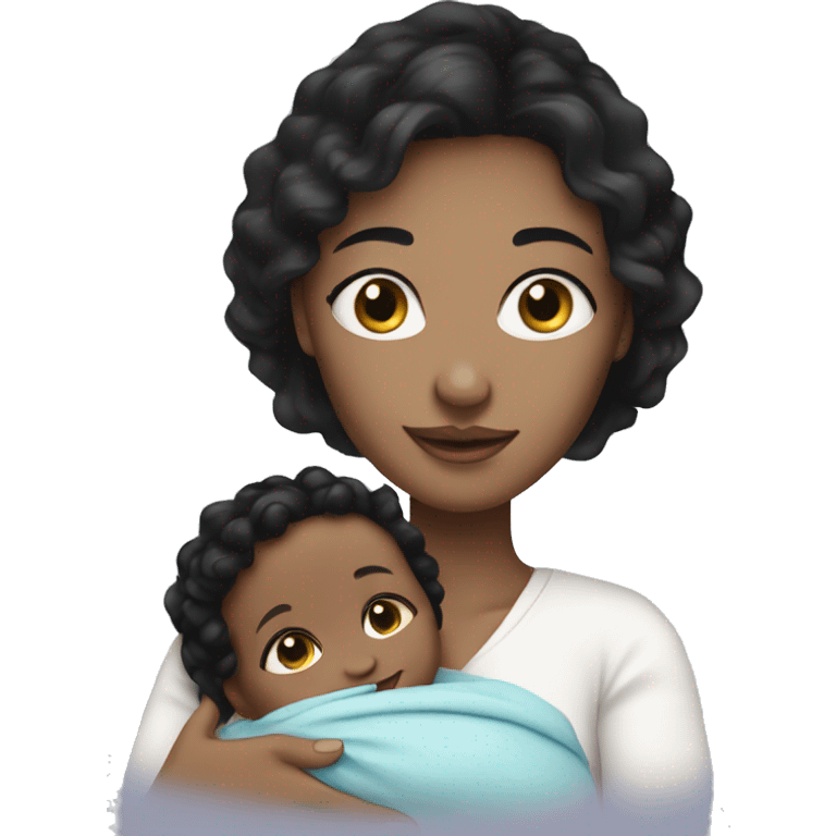 mom holding newborn baby girl with blue eyes white skin black hair and white skin newborn emoji