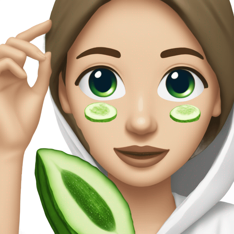 White girl with Brown hair and blue eyes wears a Green clay colored skincare textured mask and puts on cucumbers around her eyes while She relaxes in her white Robe emoji