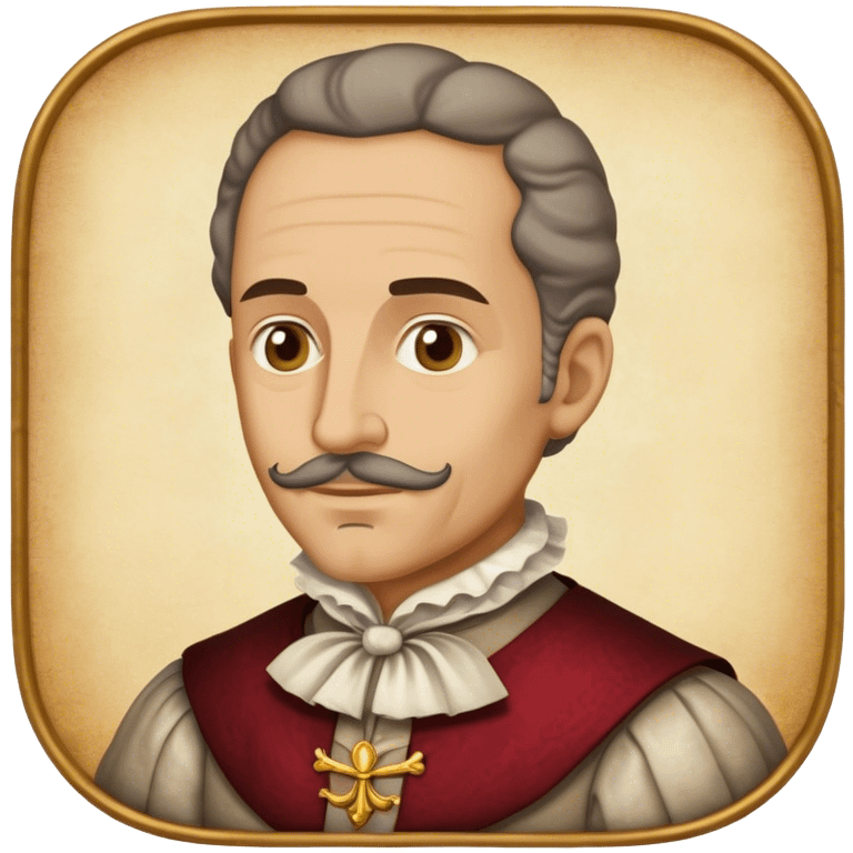 Cinematic Realistic Miguel de Cervantes Portrait Emoji, depicted as a wise thoughtful literary figure in period attire with a reflective gaze, rendered with detailed textures and soft historical lighting that captures his enduring literary legacy. emoji