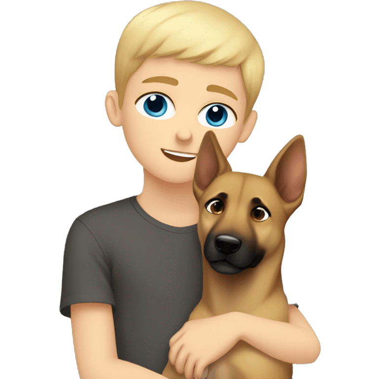 blond boy with blue eyes cute  cuddling a malinois emoji