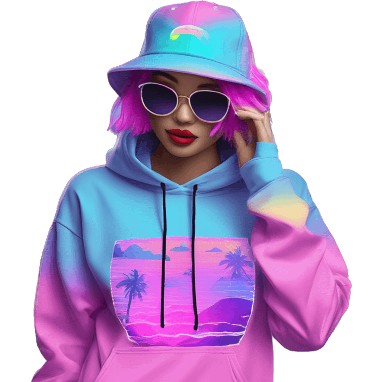 Multicoloured neon Vaporwave person hoodie dancing hip hop bucket hat tropical Skater fashion aesthetic baggy clothes graphic t shirt 420 emoji