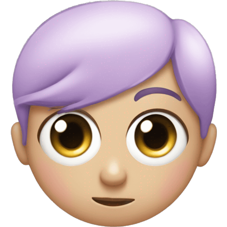 light purple/pink emoji, big cartoony eyes with scribbly pupils, one eye bigger than the other, and a black baby hair emoji