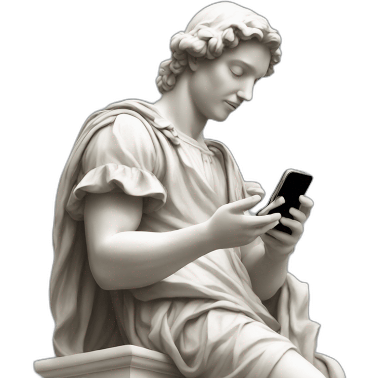 renaissance statue looking at an iphone emoji