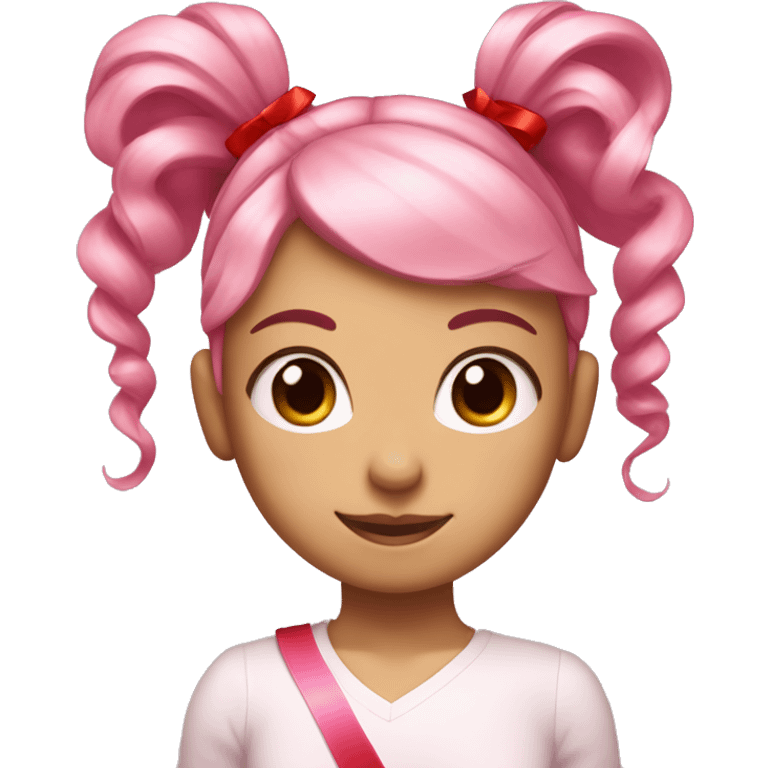 Girl with light pink hair and a ponytail supported by a red ribbon with long curly hair sides and pink eyes emoji