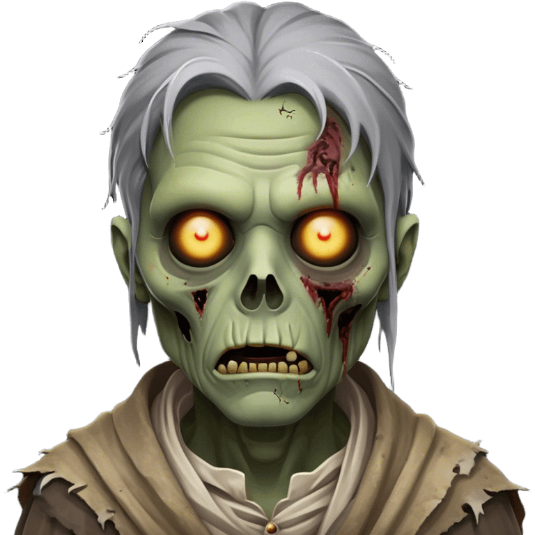 Cinematic Noble Zombie Portrait Emoji, Surprisingly dignified and somber, with a decaying yet strangely regal visage in ashen grays and muted tones, draped in tattered attire hinting at a lost grandeur, simplified yet meticulously detailed, glowing with a soft, eerie radiance and a gentle outline that evokes the tragic nobility of the undead! emoji