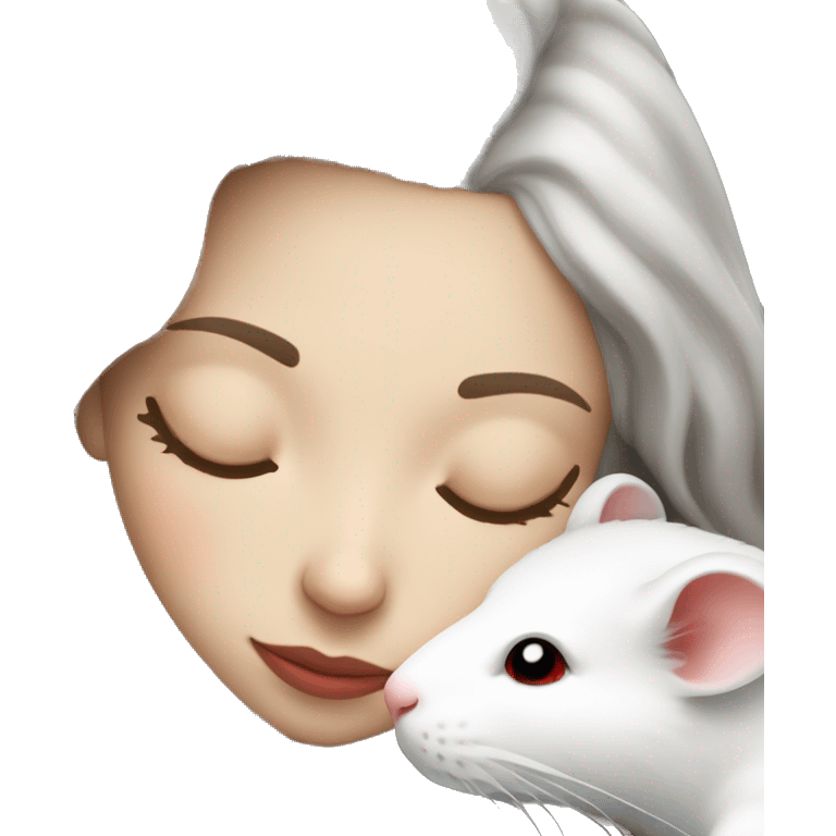 white brunette sleeping woman cuddling with one tiny white rat with red eyes emoji