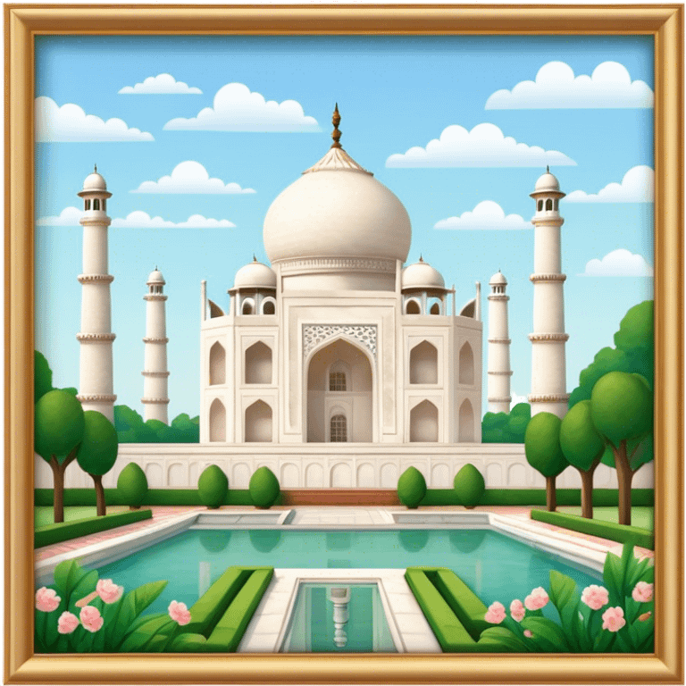 Cinematic Realistic Taj Mahal Landmark Emoji, depicted as the iconic marble mausoleum set amidst lush gardens rendered with intricate detail and ethereal, soft lighting. emoji