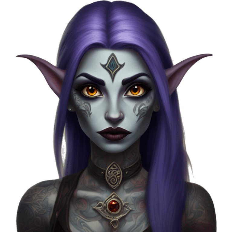 Tattooed night elf in Vampire Survivors style, oil paint, mysterious eyes, intricate lips, masterpiece portrait, beautiful, desirable, logical emoji