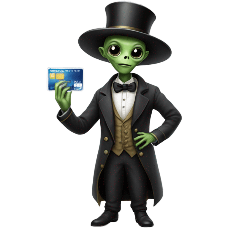 alien galora in Victorian dress elegant, full body, holding big credit card emoji