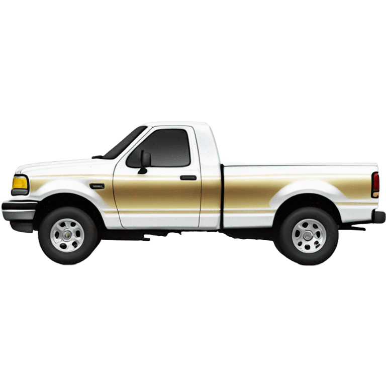 side view of a 1995 f150 short bed single cab ford f150 white with thick gold stripe at the bottom and big chrome silver rims  emoji