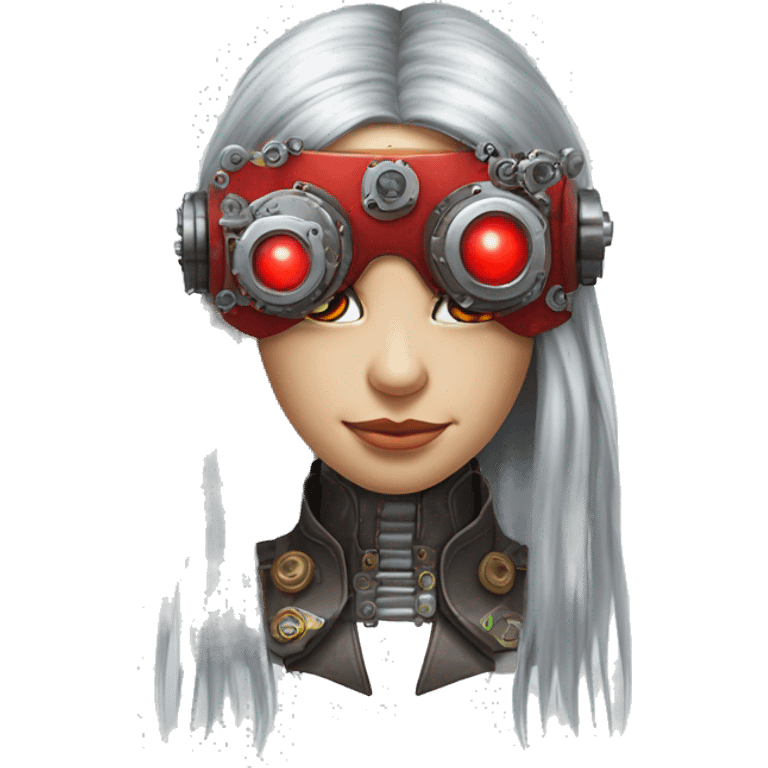 Silver long hair female cyborg head with red steampunk goggles and circuits emoji