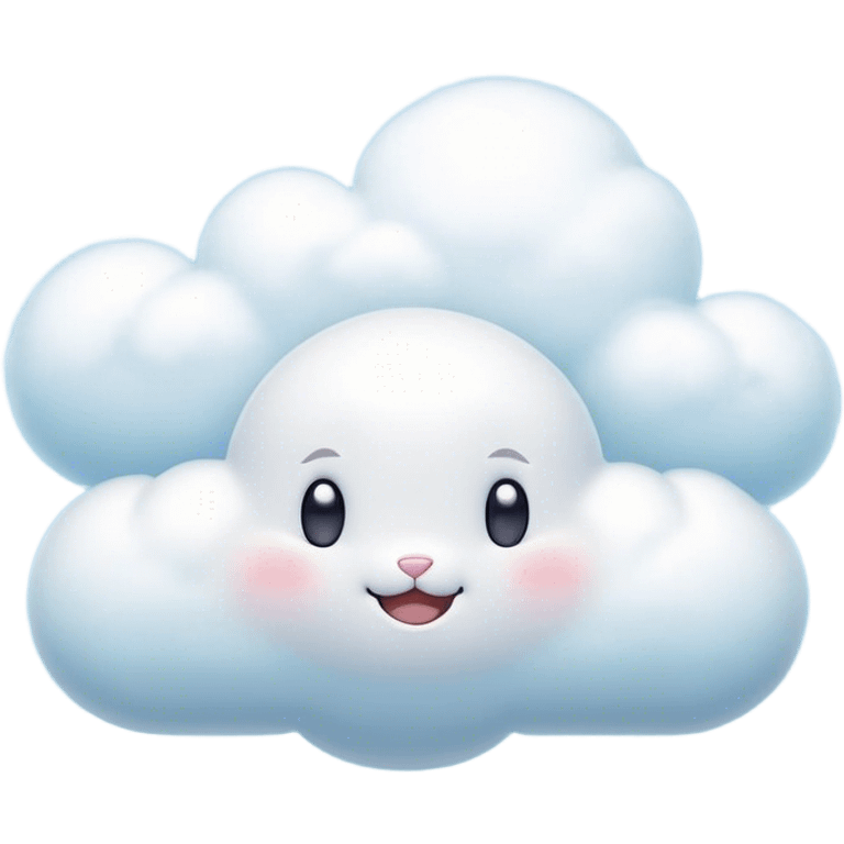 Cinematic tiny puffy bunny-shaped cloud, floating gently in the sky, soft glowing light, tiny rounded ears, smiling face, dreamy and magical. emoji