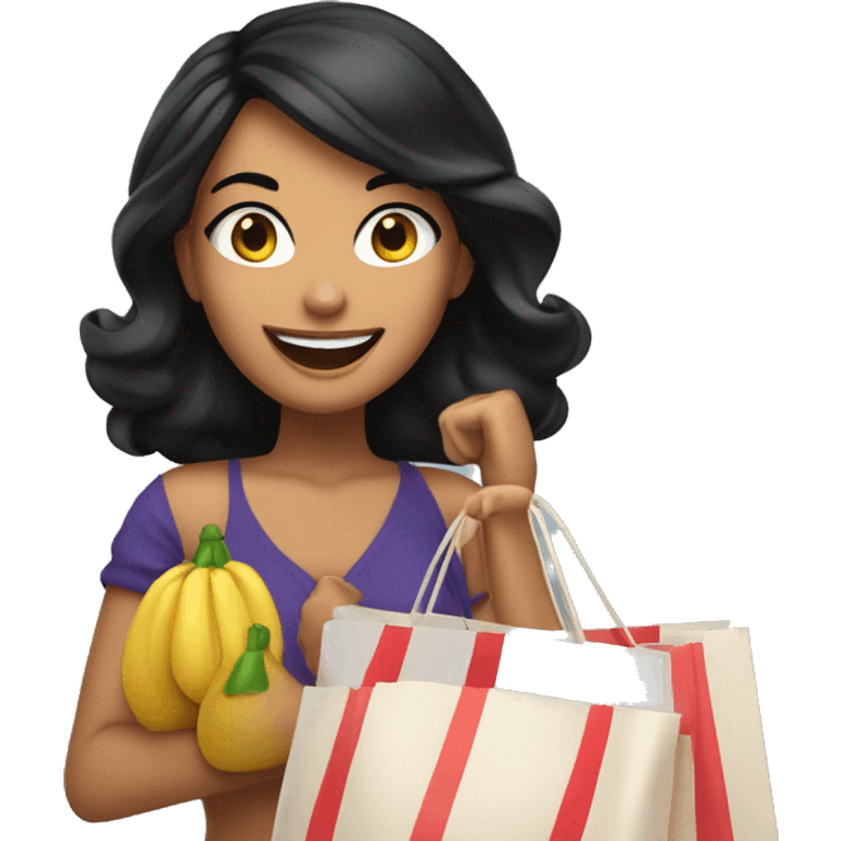 Tanned beautiful italian woman with lin black hair smiling and holding bags shopping  emoji