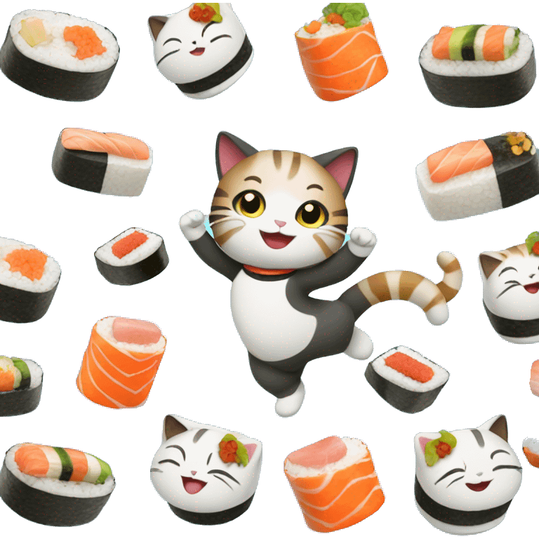 happy girl cat eating sushi and dancing emoji