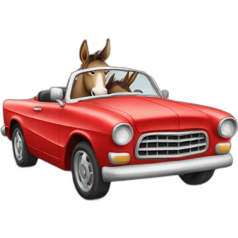 a donkey driving a red convertible car emoji