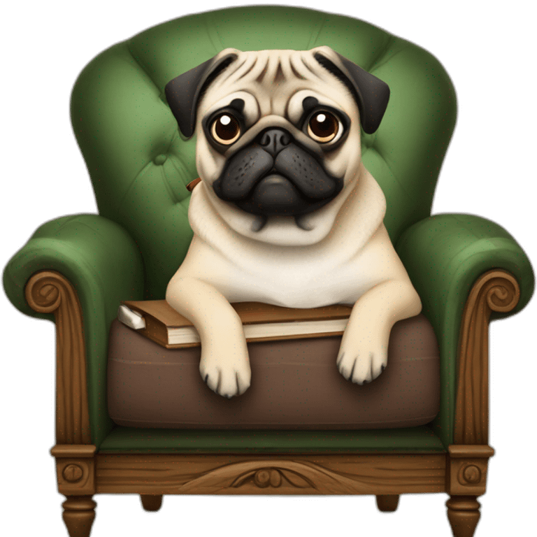 Pug on an english chair with a pipe and a book in his hand emoji